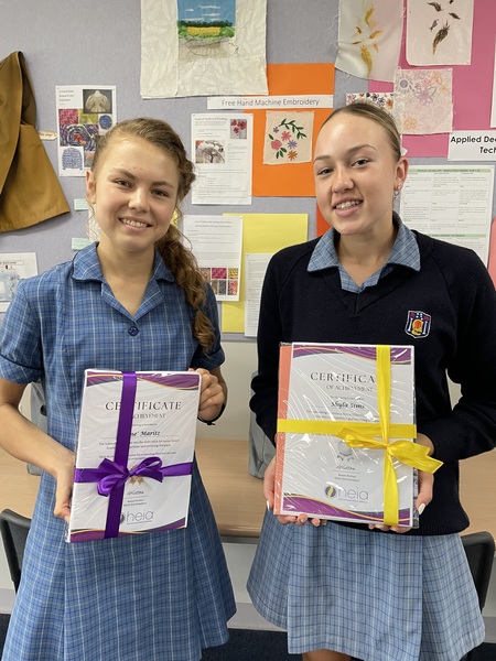 TEXTILES> Congratulations to Shyla (2nd) and Dane' (3rd) who were recognised by the HEIA SA in their Junior Home Ec Competition.