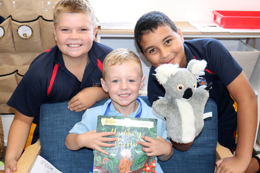 BUDDIES > Year 5 students Henry and Bryce enjoyed meeting their Little Lions Buddy Kaiden.